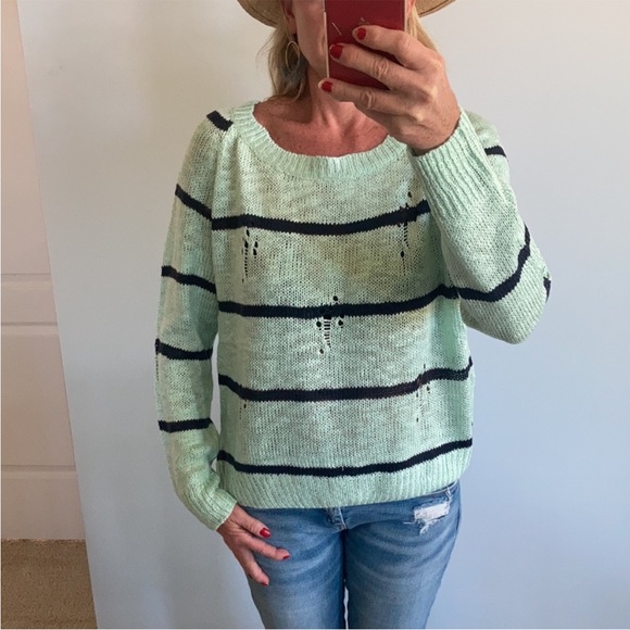 Mint Green & Navy Stripe Distressed Sweater - Picture 7 of 8